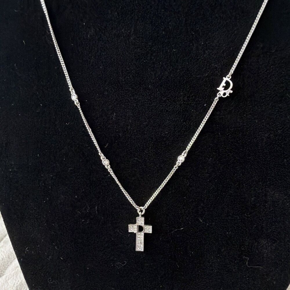 Vintage Christian Dior Silver Tone Rhinestone Cross D Logo Pendant Necklace